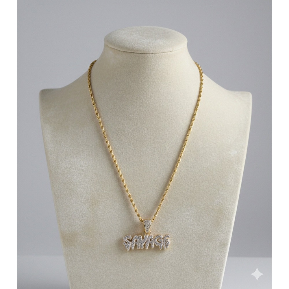 Gold Tone‎ Savage Pendant Necklace Iced Out Rhinestone Rope Chain Grunge 24"